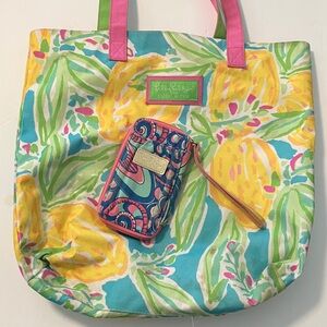 Lilly Pulitzer Estee Lauder Tote & Wristlet Lemons Floral Pink Green Blue